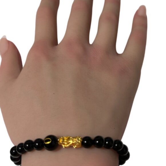 18K Gold Pixiu Piyao Bracelet Gemstones Onyx 6mm Elastic Bracelet Letter O - Picture 6 of 6